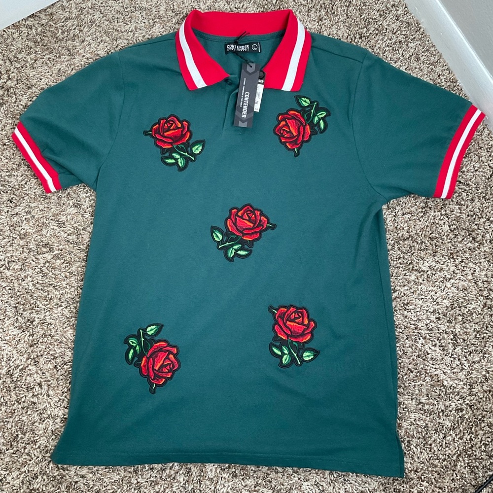 NWT Contender Polo Shirt, Green w/ Embroidered Roses, size Large